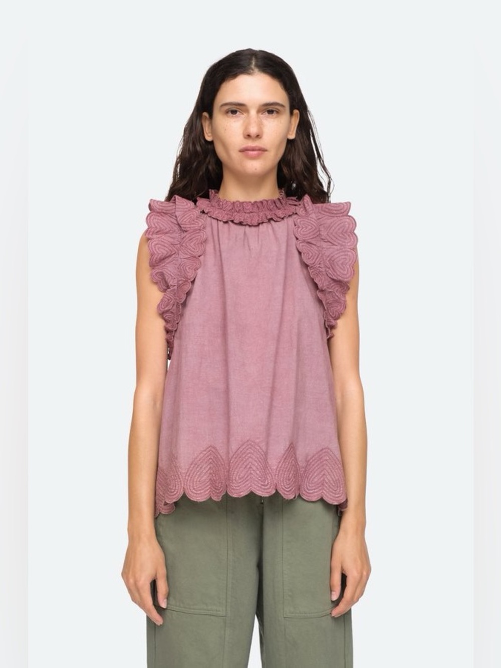 Sea New York Heidi Tank in Rose Quilt Cotton Top Heart Trim Flutter Sleeves